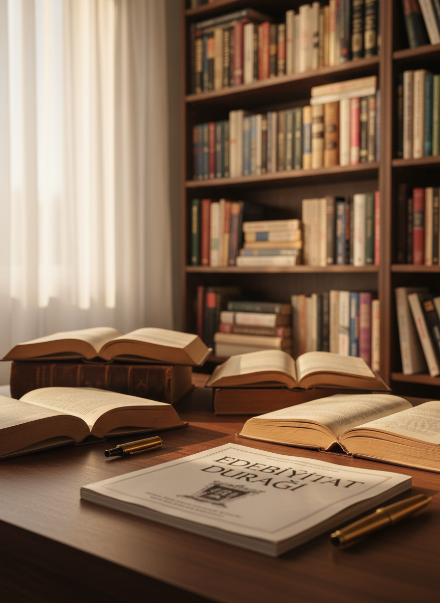 A meticulously arranged wooden writing desk in a quiet study, its dark walnut surface scattered with open hardcover books of varying sizes, pages slightly yellowed with age. In the center rests a fountain pen beside a thick literary magazine titled in elegant Turkish script. Behind, a tall bookshelf overflows with classics, philosophy volumes, and poetry collections. Late afternoon light filters through a sheer curtain, casting soft, elongated shadows and warm highlights on the book spines. Shot at eye level with shallow depth of field, the foreground text is crisp while the shelves melt into a gentle bokeh, creating a sophisticated, contemplative mood in clean, photographic realism.